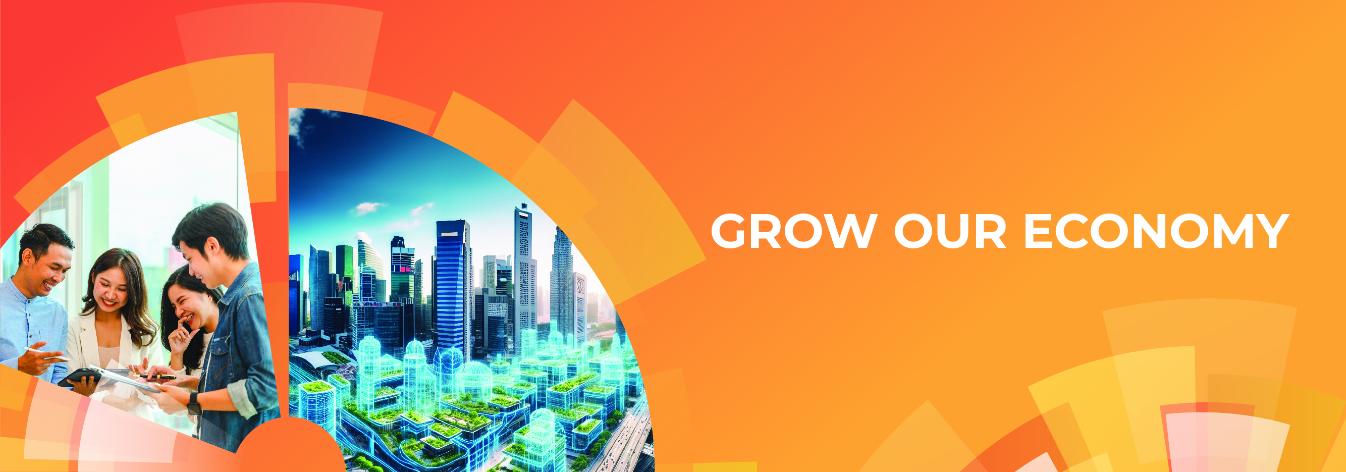 Group of youths and futuristic cityscape with the words “Grow Our Economy”.